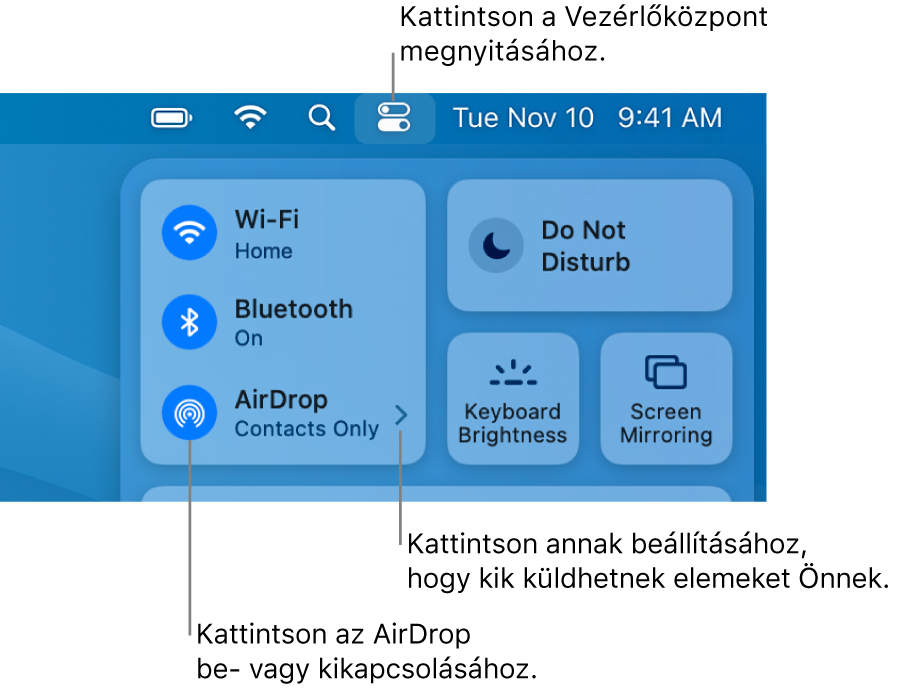 A Vezérlőközpont ablaka, amelyekben az AirDrop bekapcsolására, illetve annak kiválasztására szolgáló vezérlők láthatók, hogy ki küldhet elemeket Önnek.