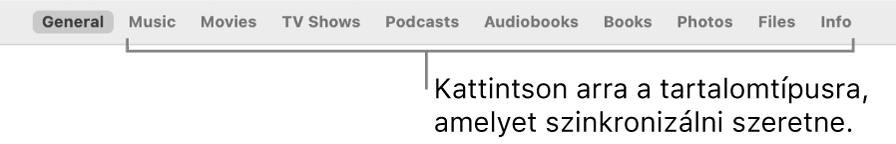 A gombsáv: látható az Általános gomb, és különféle tartalmak (például zene, filmek, tévéműsorok) gombjai.