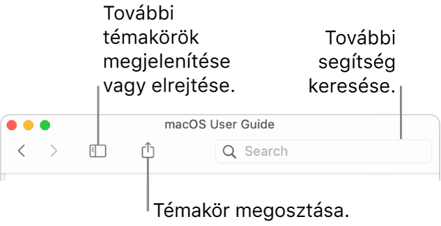 Súgóablak; az eszközsoron lévő gombokkal, amelyekkel megjelenítheti vagy elrejtheti a Tartalomjegyzéket; a másik gombbal megoszthatók a témakörök; és a keresőmezőben témakörökre kereshet rá.