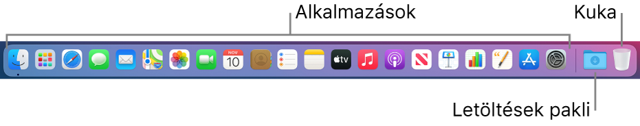 A Dock, melyen alkalmazásikonok, a Letöltések pakli és a Kuka láthatók.