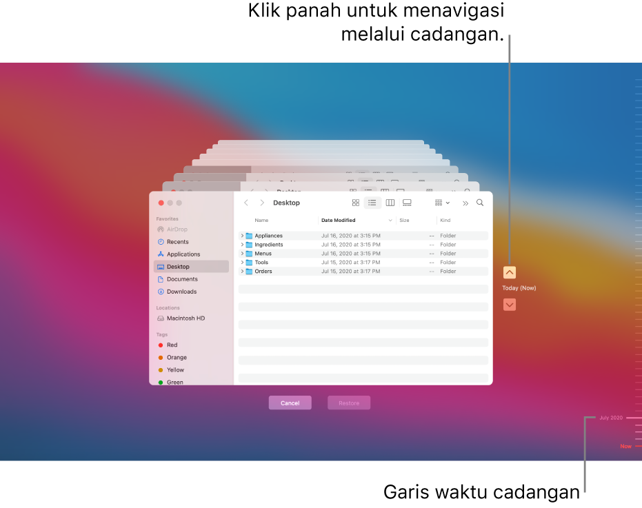 Saat Anda membuka Time Machine, Anda melihat layar yang diburamkan dengan beberapa layar Finder yang ditumpuk untuk mewakili cadangan. Klik panah untuk menavigasi melalui cadangan Anda (atau klik di garis waktu cadangan di kanan), dan pilih file untuk dipulihkan.