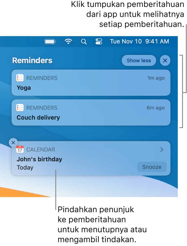 Pemberitahuan app di pojok kanan atas desktop, termasuk tumpukan terbuka dari dua pemberitahuan Pengingat dengan tombol “Tampilkan lebih sedikit” untuk menciutkan tumpukan, dan satu pemberitahuan Kalender dengan tombol Tunda.