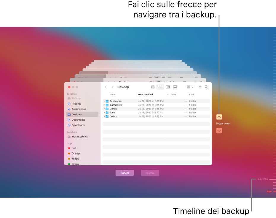 Quando apri Time Machine, visualizzi una schermata sfocata con più schermate del Finder impilate per rappresentare i backup. Fai clic sulle frecce per sfogliare i backup (o fai clic nella cronologia dei backup sulla destra) e scegli i file da ripristinare.