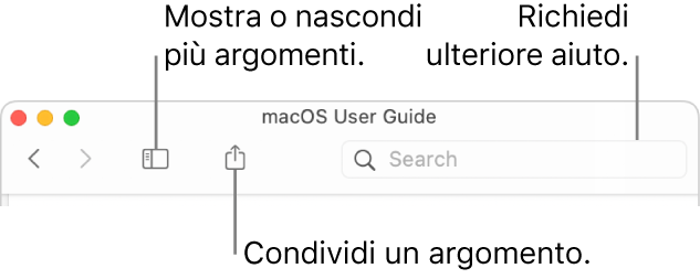 Finestra di aiuto che mostra i pulsanti nella barra degli strumenti su cui fare clic per nascondere o mostrare l'indice e per condividere un argomento, e il campo di ricerca per cercare argomenti specifici.