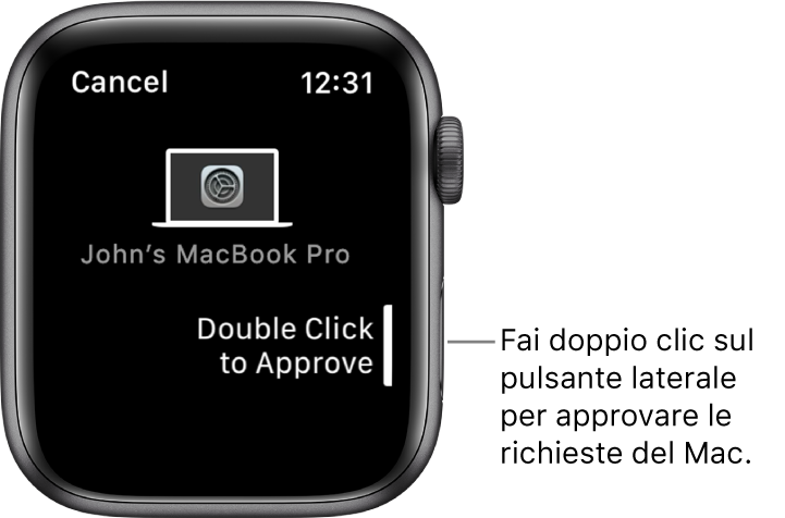 Apple Watch che mostra una richiesta di approvazione da MacBook Pro.