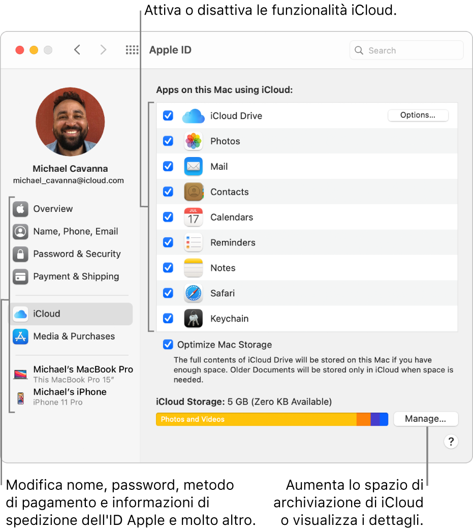 Preferenze iCloud con tutte le funzionalità selezionate.