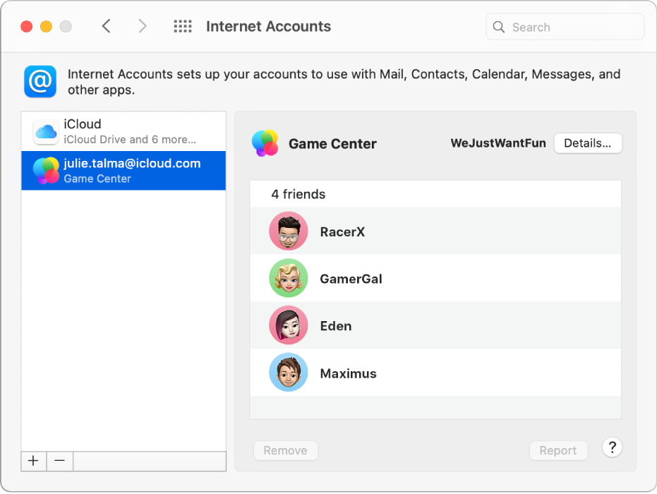 Un account Game Center in Account Internet, con gli amici di gioco elencati sulla destra.