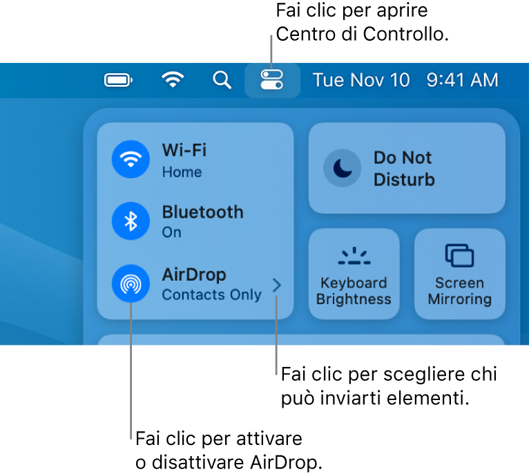 Una finestra di Centro di Controllo che mostra i controlli per attivare o disattivare rapidamente AirDrop e selezionare chi può inviarti elementi.