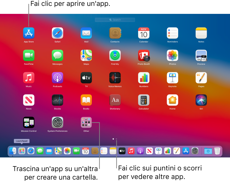 Launchpad con le app che puoi aprire.