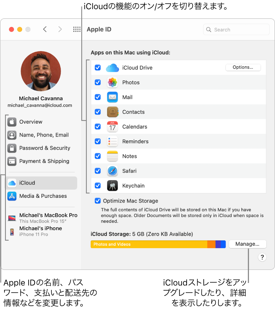 すべての機能が選択されているiCloud環境設定。