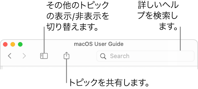 「ヘルプ」ウインドウ。ツールバーに、目次を隠すまたは表示するボタン、トピックを共有するボタン、およびトピックを検索する検索フィールドが表示されています。