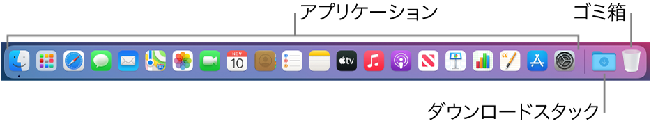 アプリケーションアイコン、ダウンロードスタック、ゴミ箱が表示されたDock。