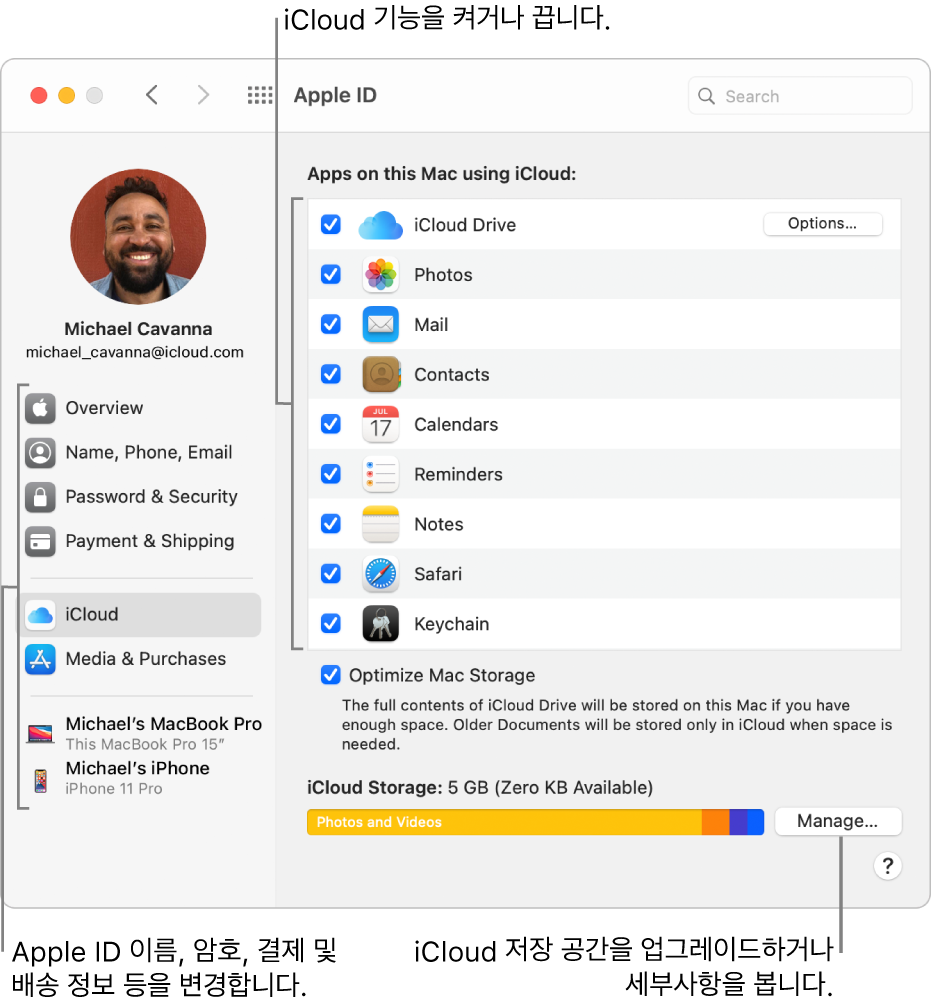 모든 기능이 선택되어 있는 iCloud 환경설정.