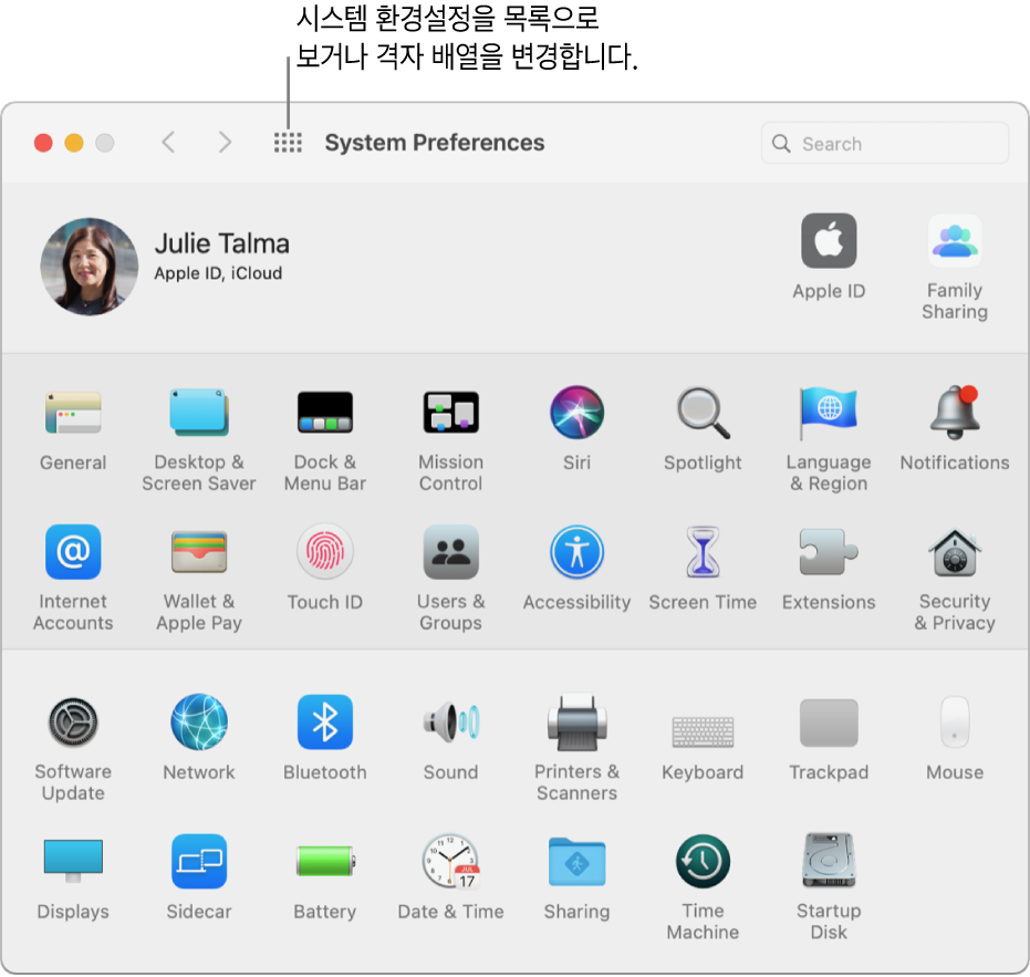 아이콘을 격자 보기로 표시하는 시스템 환경설정 윈도우로, 윈도우의 도구 막대에서 모두 보기 버튼을 클릭하여 시스템 환경설정을 목록으로 보거나 격자를 표시하는 방법을 변경합니다.