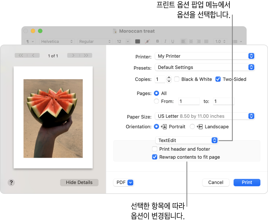 고급 프린트 설정을 표시하며 대화상자의 중간 근처에 프린트 옵션 팝업 메뉴가 있는 프린트 대화상자. 선택하는 옵션에 따라 달라지는 팝업 메뉴 아래의 프린트 옵션.