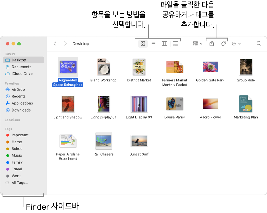 왼쪽에 Finder 사이드바가 있는 Finder 윈도우. 윈도우 상단에 윈도우에서 항목 표시 방식을 변경하기 위한 4개의 버튼과 항목 구성 및 공유를 위한 추가 버튼이 있음.