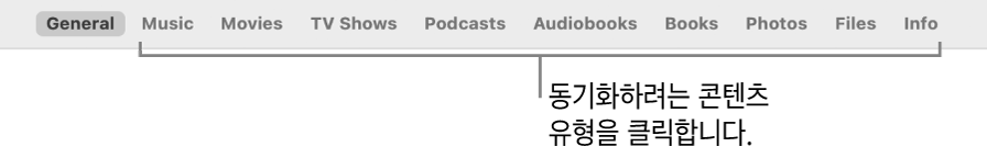 일반 버튼 및 음악, 동영상 TV 프로그램 등의 콘텐츠 버튼을 표시하는 버튼 막대.