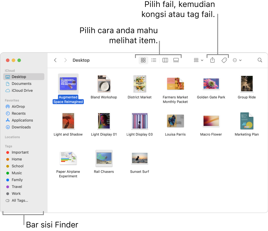 Tetingkap Finder dengan bar sisi Finder di sebelah kiri. Di bahagian atas tetingkap ialah empat butang yang menukar cara item ditunjukkan dalam tetingkap dan butang tambahan untuk mengatur dan berkongsi item.