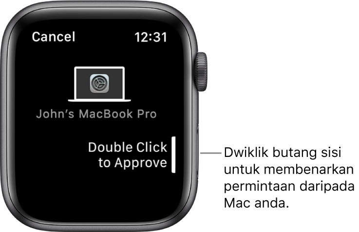 Apple Watch menunjukkan permintaan kelulusan daripada MacBook Pro.