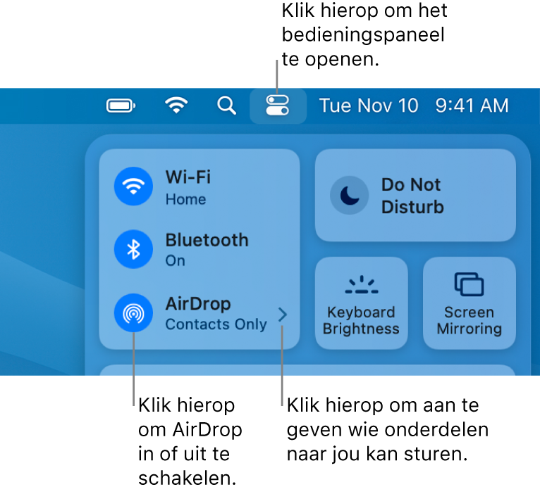 Een venster in het bedieningspaneel met de regelaars voor het in- of uitschakelen van AirDrop en om aan te geven wie onderdelen naar jou kan sturen.
