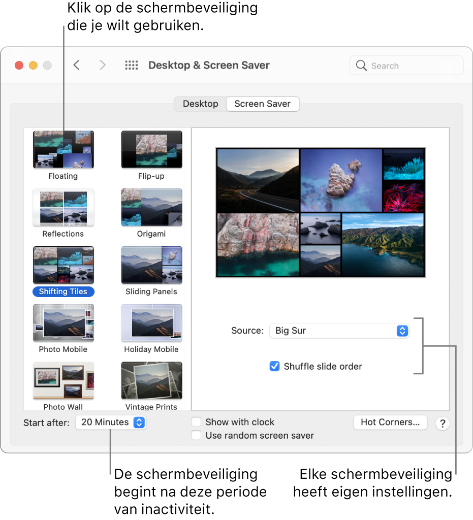 Het paneel 'Schermbeveiliging' in Systeemvoorkeuren.