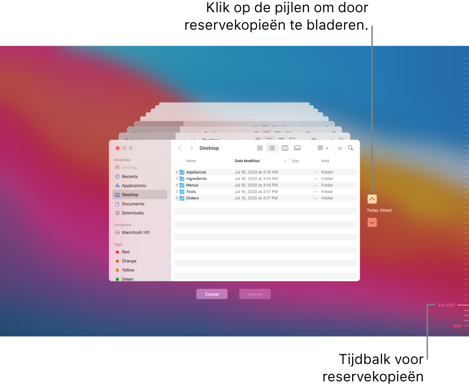 Wanneer je Time Machine opent, zie je een wazig scherm met meerdere gestapelde Finder-schermen die de reservekopieën voorstellen. Klik op de pijlen om door je reservekopieën te bladeren en kies de bestanden die je wilt herstellen. Je kunt ook op de tijdbalk aan de rechterkant klikken.