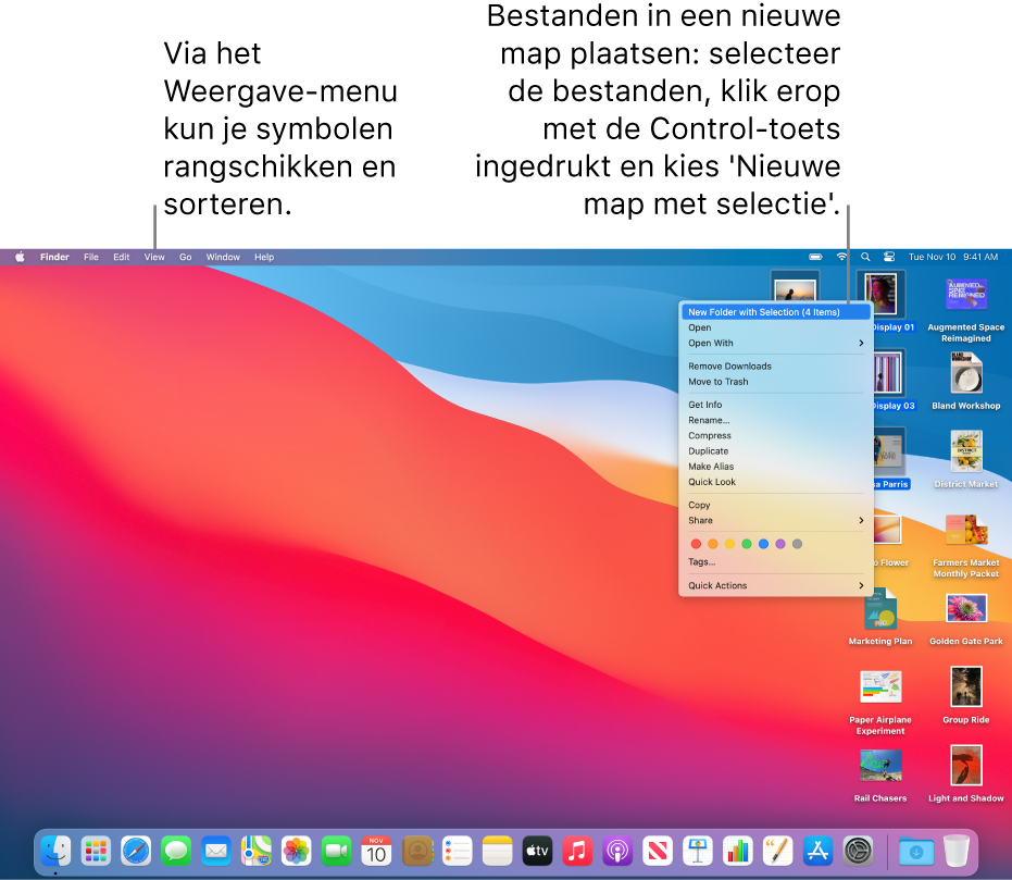 Een bureaublad met bestanden en mappen. Er zijn meerdere bestanden geselecteerd die in een nieuwe map moeten komen te staan. Er is met de Control-toets ingedrukt op een geselecteerd bestand geklikt. Er wordt een venstermenu weergegeven waarin 'Nieuwe map met selectie' is gekozen.