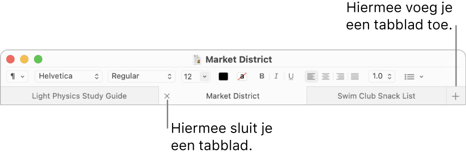 Een Teksteditor-venster met drie tabbladen in de tabbladbalk onder de opmaakbalk. Op één tabblad wordt de sluitknop weergegeven. De knop met het plusteken bevindt zich aan de rechterkant van de tabbladbalk.