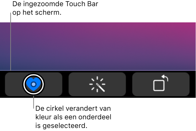 De ingezoomde Touch Bar onder in het scherm; de cirkel om een knop verandert wanneer de knop wordt geselecteerd.