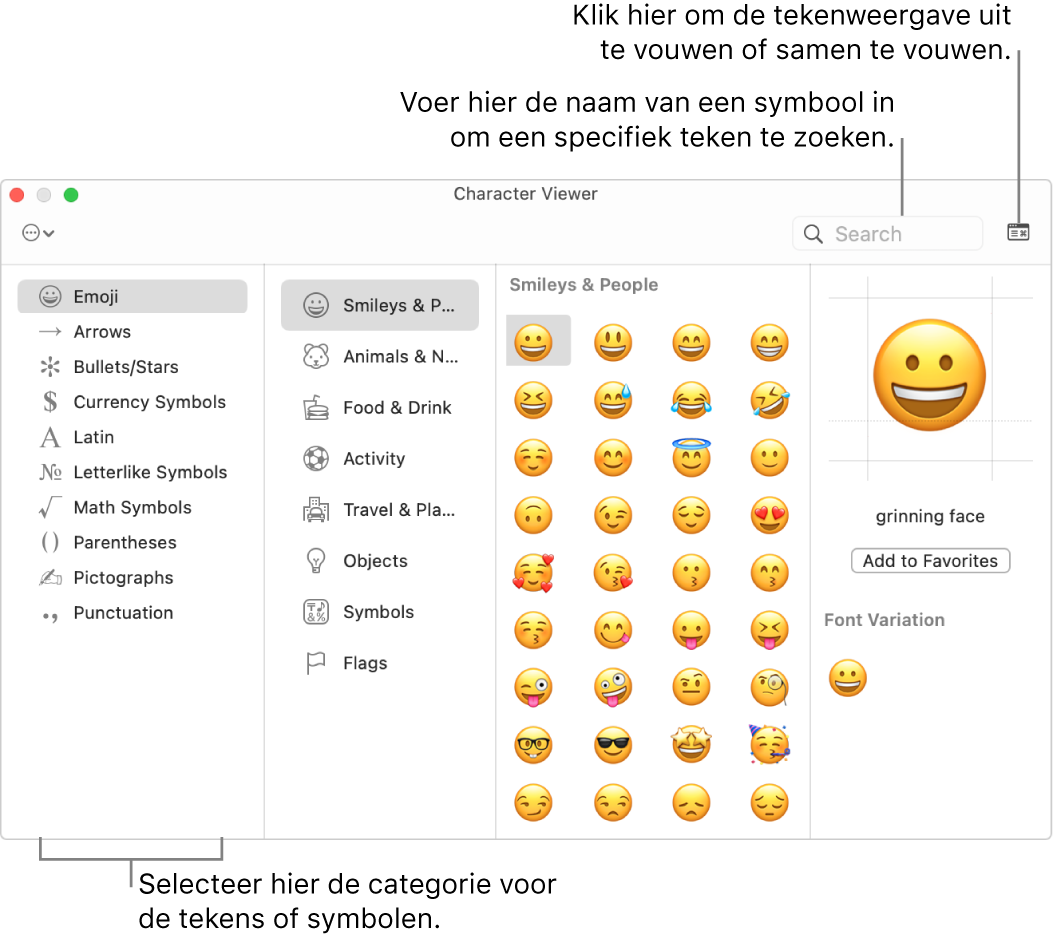 Het venster 'Tekenweergave'. Selecteer aan de linkerkant een categorie om door de tekens of symbolen te bladeren. Voer in het zoekveld de naam of code van een symbool in om een specifiek teken te vinden. Klik in de rechterbovenhoek om het venster uit te vouwen of samen te vouwen.