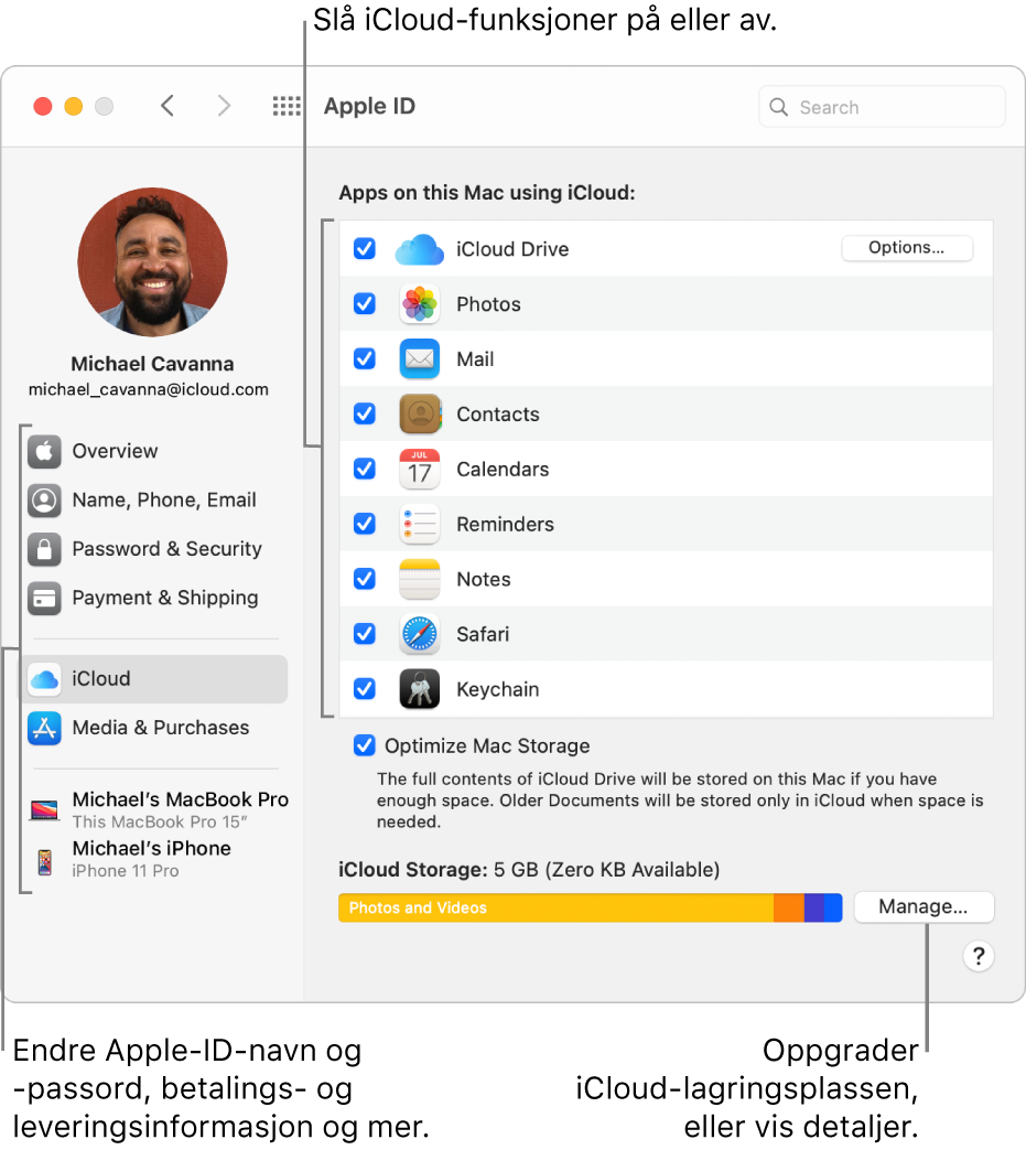 iCloud-valg med alle funksjoner markert.