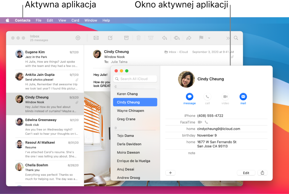Przykład Biurka z wieloma otwartymi oknami i jedną aktywną aplikacją.