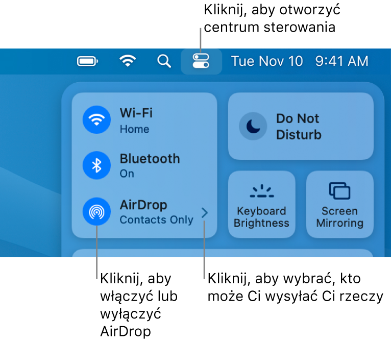 Okno centrum sterowania zawierające narzędzia do włączania i wyłączania funkcji AirDrop, a także do wybierania, kto może wysyłać Ci rzeczy.