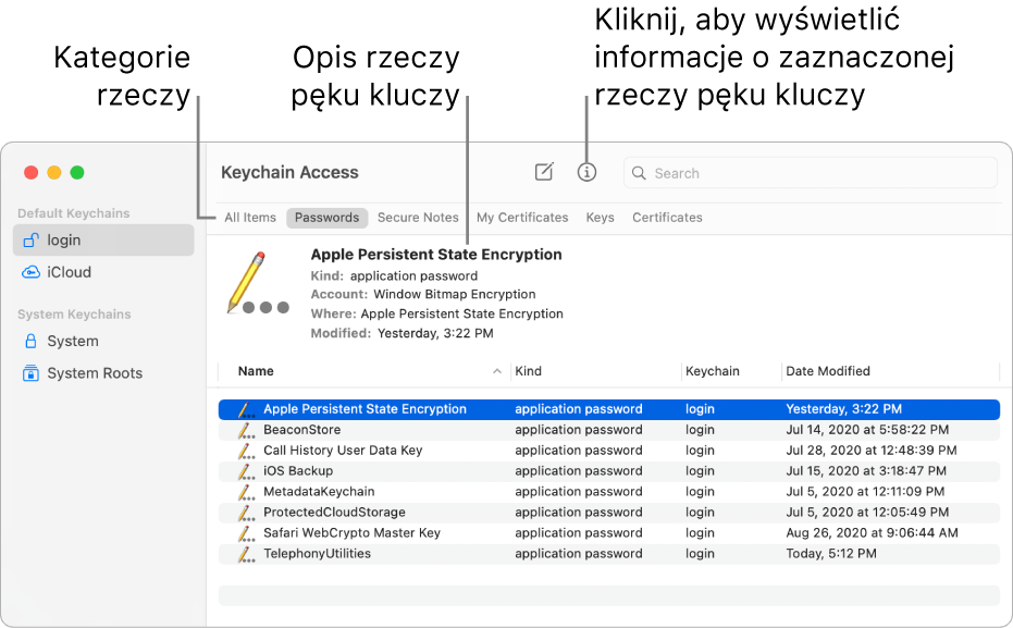 Okno Dostępu do pęku kluczy z widocznym paskiem bocznym zawierającym pęki kluczy. Po prawej stronie widoczny jest opis zaznaczonej rzeczy z pęku kluczy.