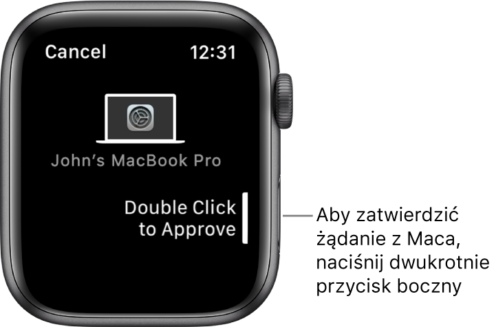 Apple Watch wyświetla żądanie zatwierdzenia z MacBooka Pro.