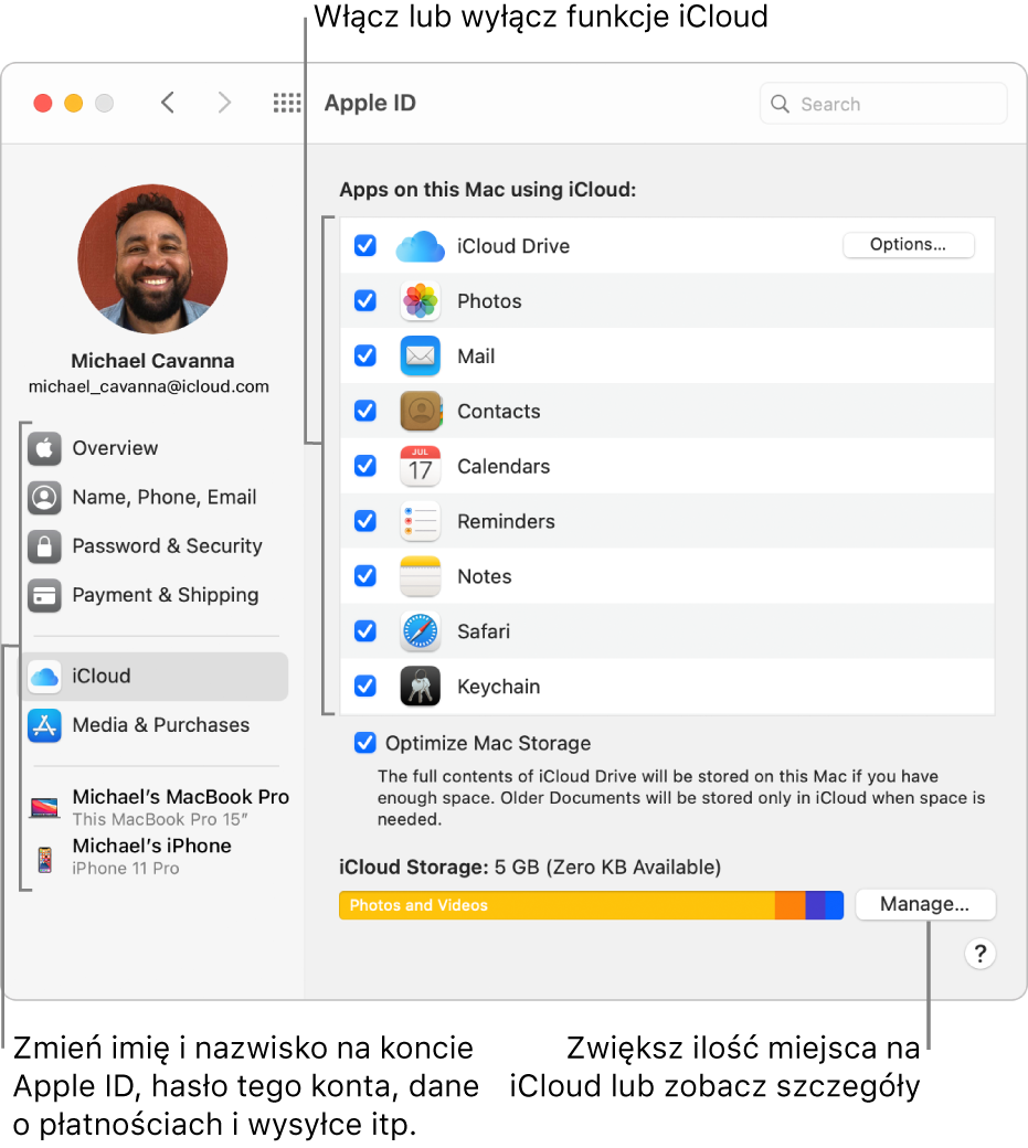 Preferencje iCloud z zaznaczonymi wszystkimi funkcjami.