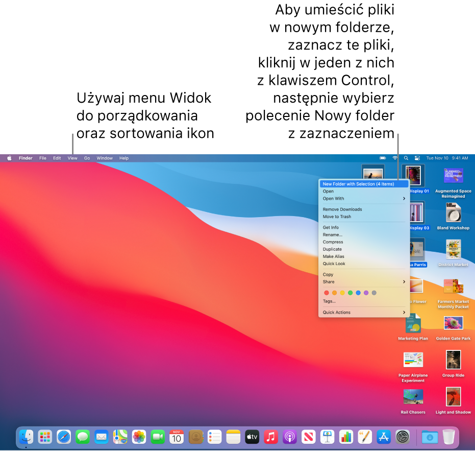 Biurko z plikami i folderami. Niektóre pliki są zaznaczone w celu umieszczenia ich w nowym folderze. Kliknięcie z klawiszem Control w zaznaczony plik wyświetla menu podręczne, w którym wybrane jest polecenie Nowy folder z zaznaczeniem.