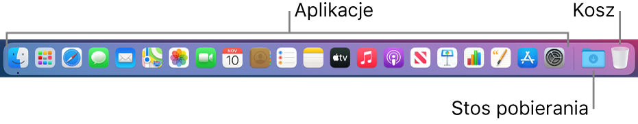 Dock zawierający ikony aplikacji, stos Pobrane rzeczy oraz Kosz.
