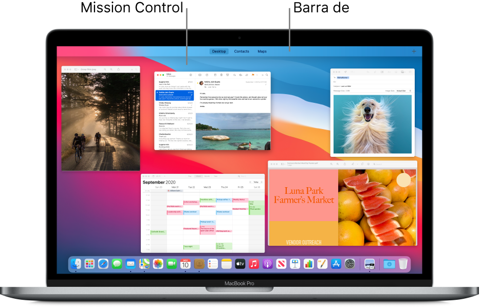 Várias janelas abertas organizadas em uma camada no Mission Control com a barra de Spaces na parte superior da tela.