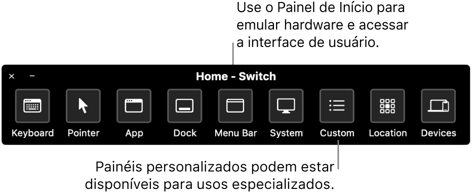 O Painel de Início do Controle Assistivo fornece botões para controlar, da esquerda para a direita, teclado, cursor, app, Dock, barra de menus, controles do sistema, painéis personalizados, localização na tela e outros dispositivos.