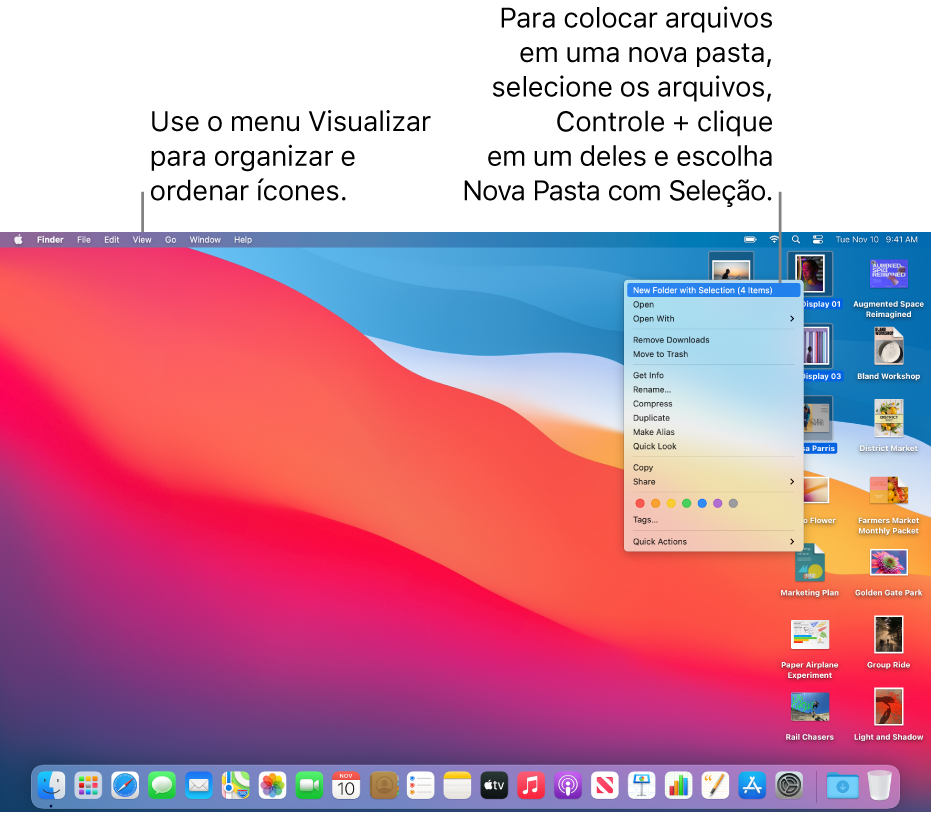 Mesa mostrando arquivos e pastas. Vários arquivos estão selecionados para serem colocados em uma nova pasta. O Controle + clique em um arquivo selecionado mostra um menu local, onde “Nova Pasta com Seleção” está selecionado.