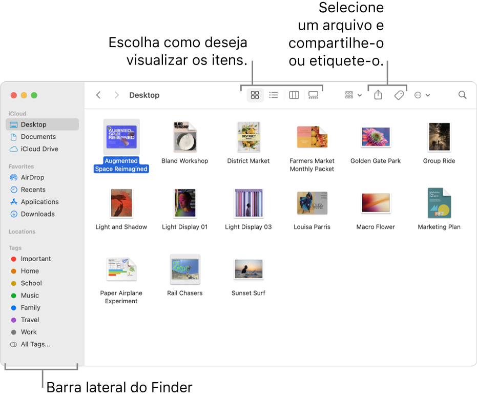 Uma janela do Finder com a barra lateral do Finder à esquerda. Na parte superior da janela há quatro botões que alteram a maneira como os itens são mostrados na janela e outros botões para organizar e compartilhar itens.
