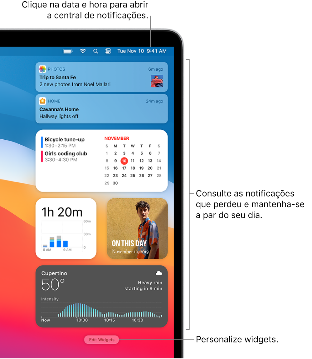 Notificações e widgets na central de notificações.