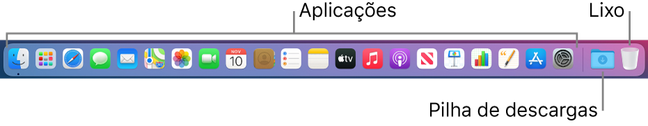 A Dock a mostrar ícones de aplicações, a pilha Descargas e o Lixo.