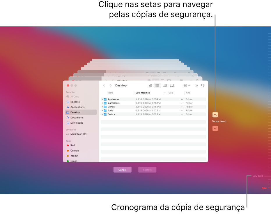 Ao abrir o Time Machine verá um ecrã desfocado com vários ecrãs do Finder empilhados em representação das cópias de segurança. Clique nas setas para navegar pelas cópias de segurança (ou clique no cronograma das cópias de segurança no lado direito) e selecione os ficheiros que pretende restaurar.