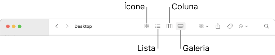A parte superior da janela do Finder a mostrar os botões das opções de Visualização para uma pasta.