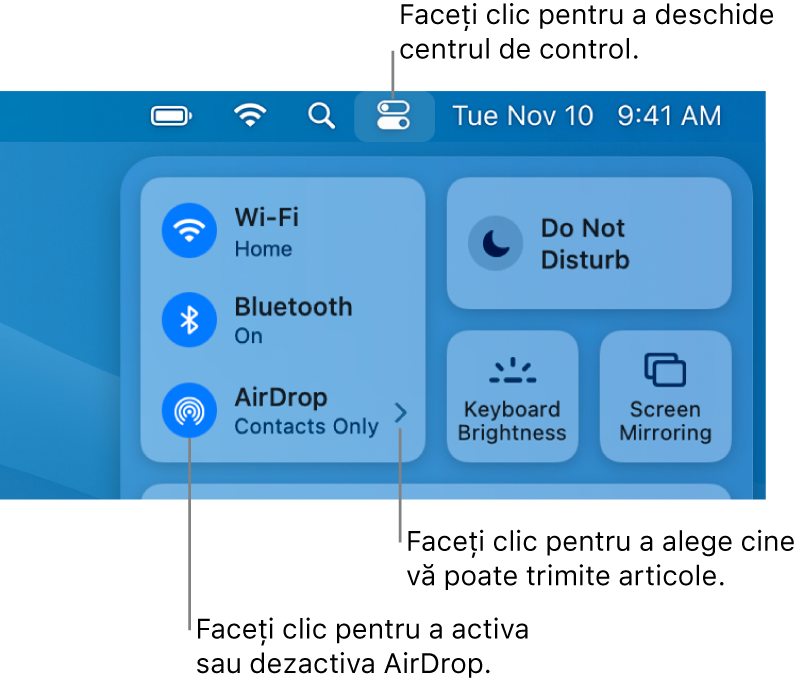 O fereastră a centrului de control afișând comenzile pentru activarea sau dezactivarea AirDrop și pentru selectarea persoanelor care vă pot trimite articole.