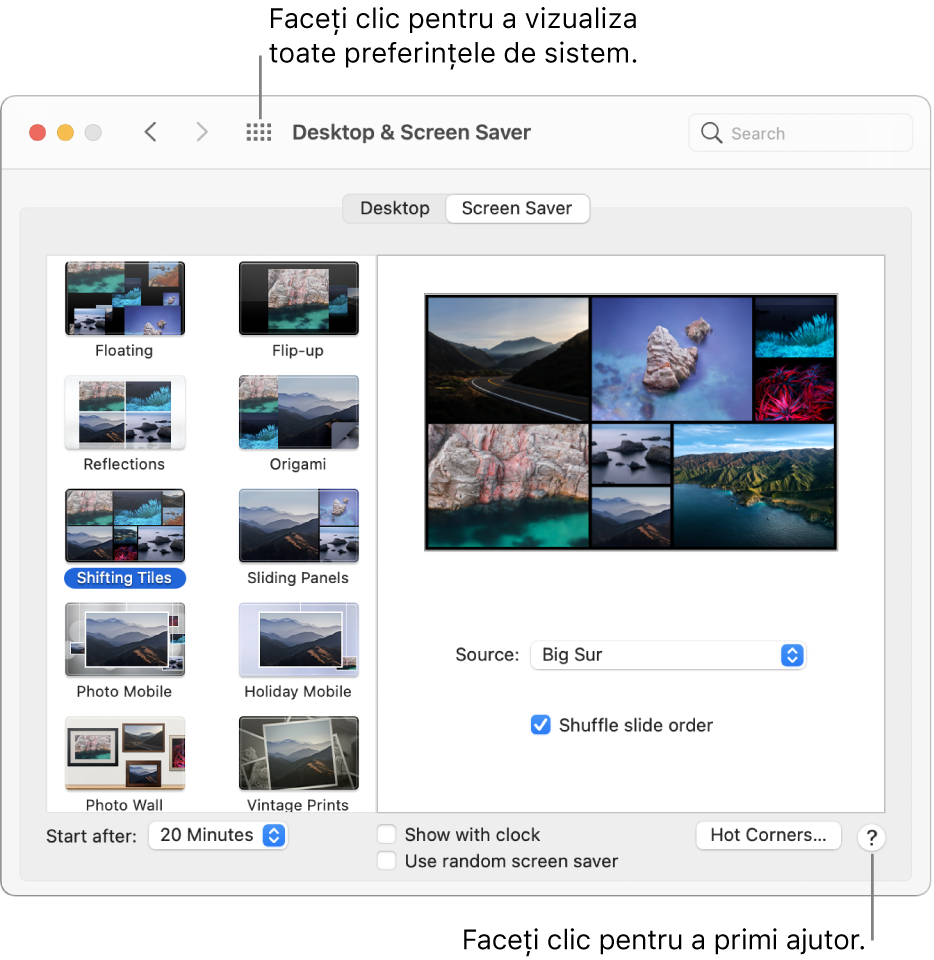 Faceți clic pe butonul “Afișează tot” în bara de instrumente a ferestrei Preferințe sistem pentru a vedea toate pictogramele de preferințe. Faceți clic pe butonul Ajutor din partea din dreapta jos a panoului de preferințe pentru a obține mai multe informații despre panou.