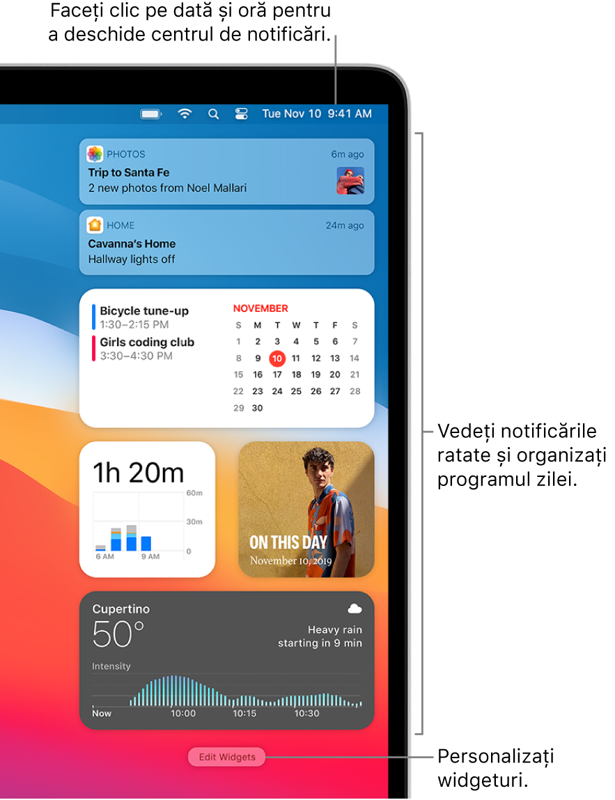 Notificări și widgeturi în centrul de notificări.