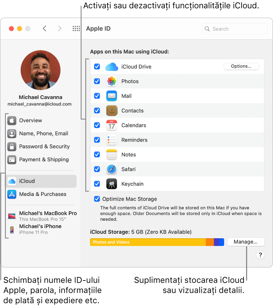Preferințe iCloud cu toate funcționalitățile selectate.